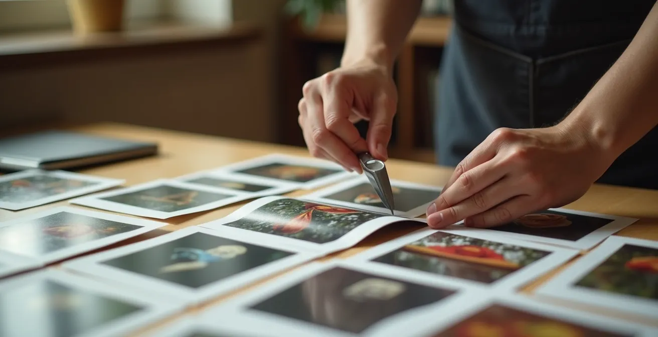 Photographe étudiant une collection de tirages photos disposés sur une grande table