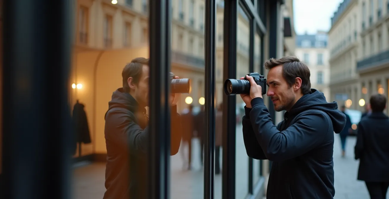 Vue latérale d'un photographe positionnant son appareil à l'angle optimal devant une vitrine française