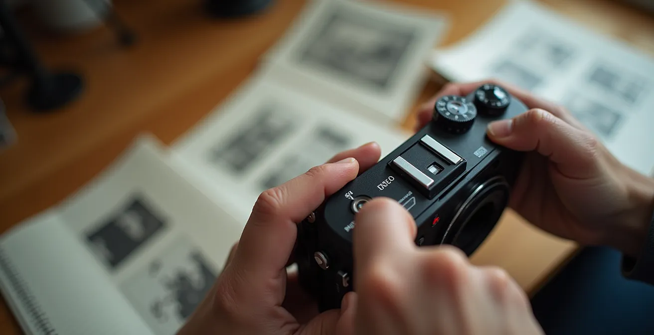 Photographe pratiquant avec carnet de notes et planning d'apprentissage structuré