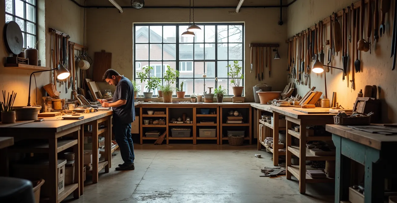 Vue d'ensemble d'un atelier d'artisan avec outils et matières premières
