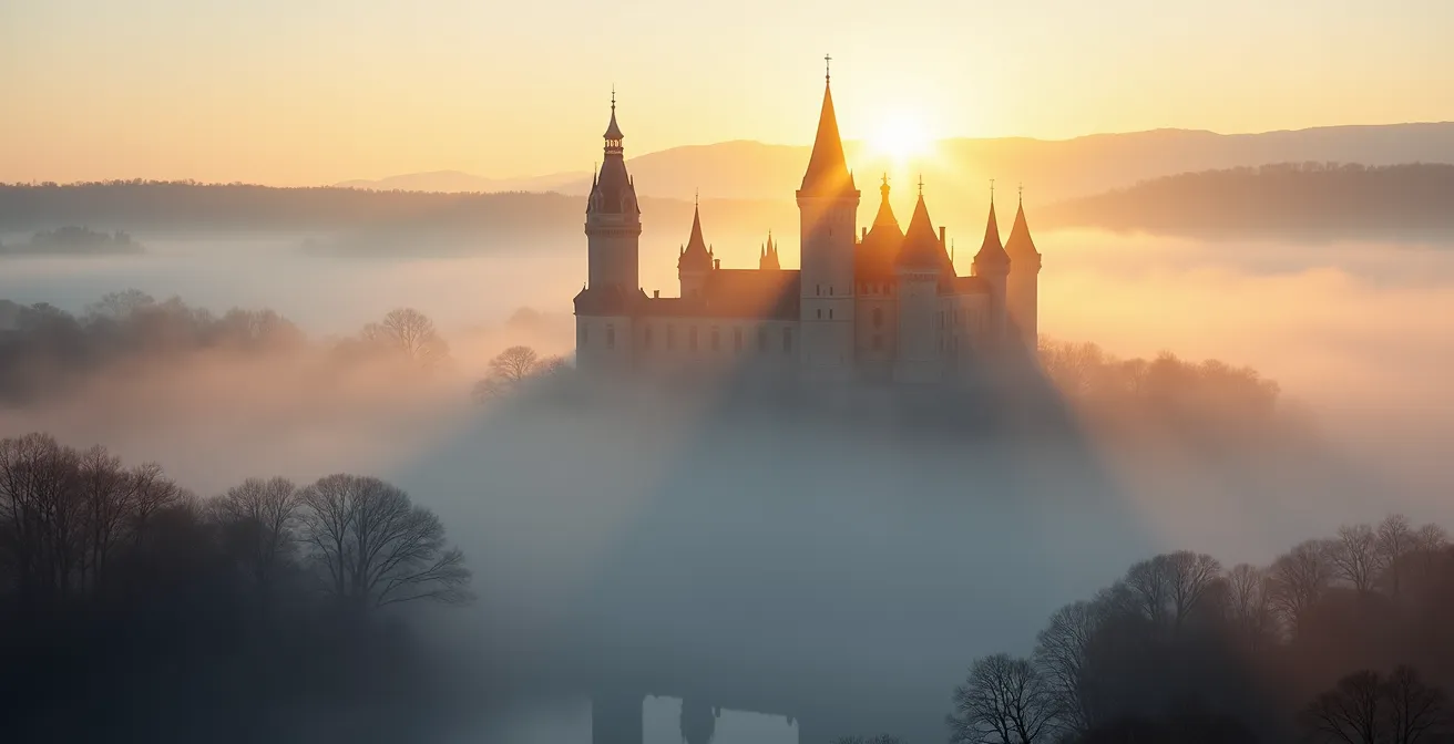 Château de Chambord émergeant de la brume matinale avec lumière dorée