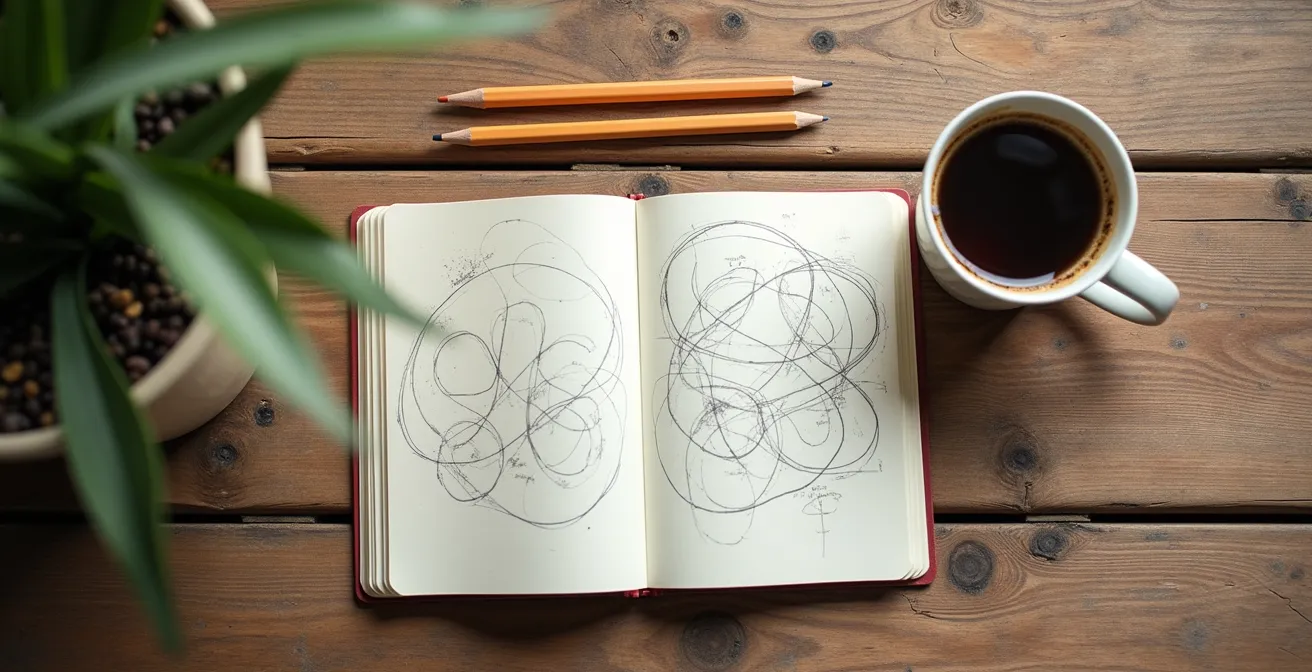 Cahier ouvert avec croquis de courbes de retouche et annotations manuscrites