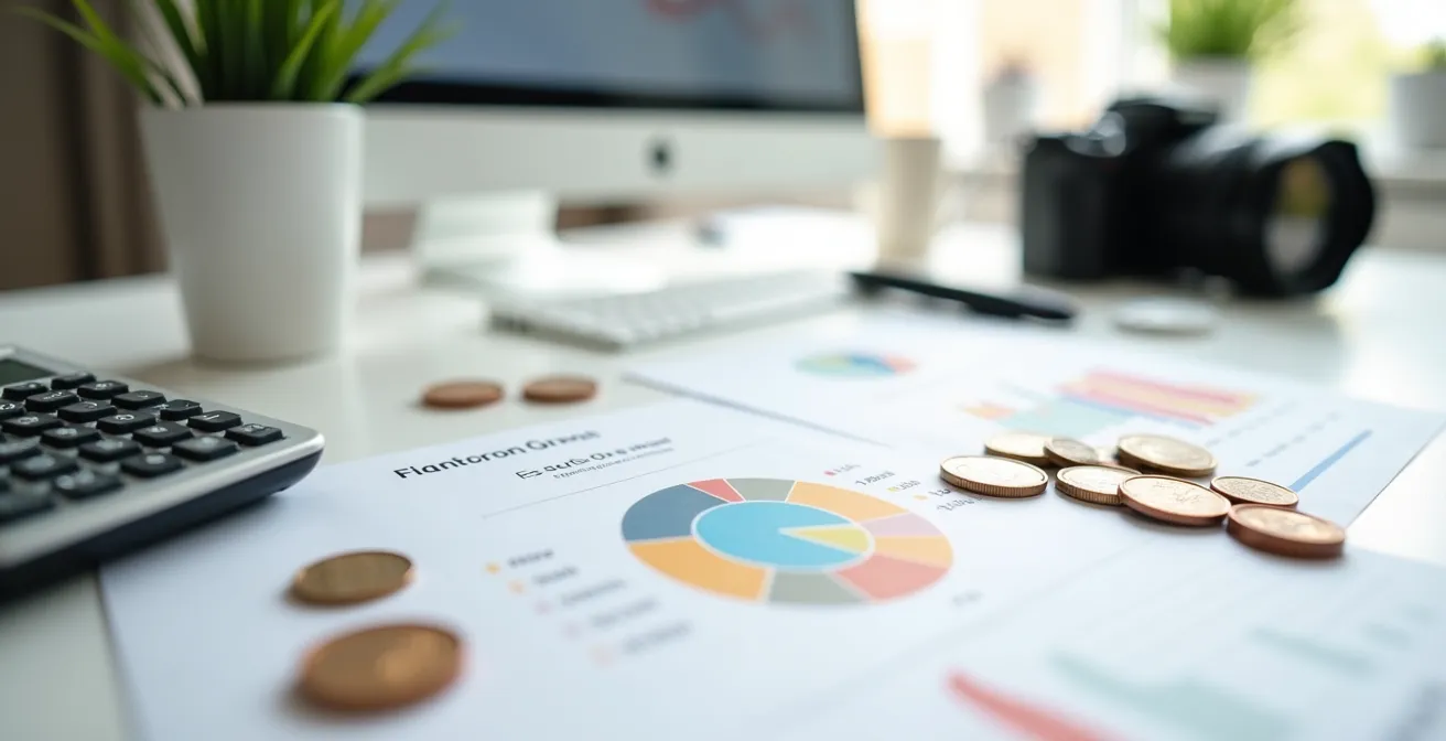 Espace de travail d'un photographe avec calculatrice et documents financiers abstraits