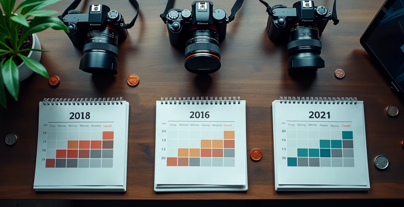 Vue aérienne d'un bureau avec calendrier et équipement photo organisé par années