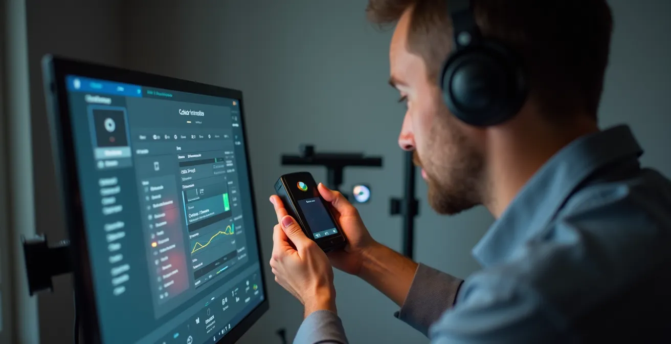 Photographe calibrant son écran professionnel avec une sonde colorimétrique dans un environnement de travail optimisé