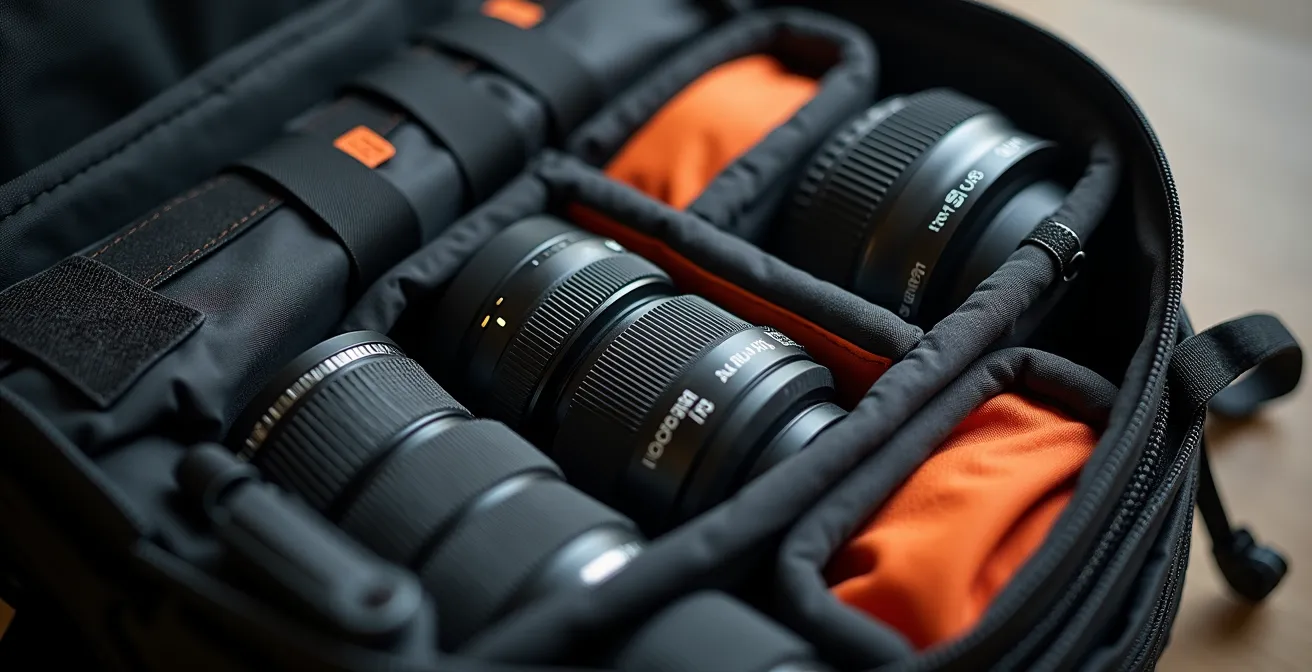 Organisation modulaire du matériel photo avec différents sacs et compartiments