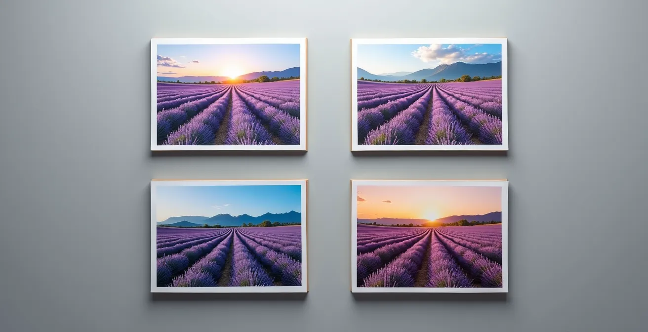 Comparaison visuelle de la même photo sur quatre écrans différents montrant les variations de couleurs