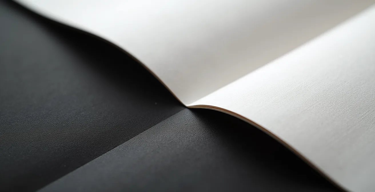 Vue macro de la texture d'un papier baryté montrant la différence entre surface brillante et mate