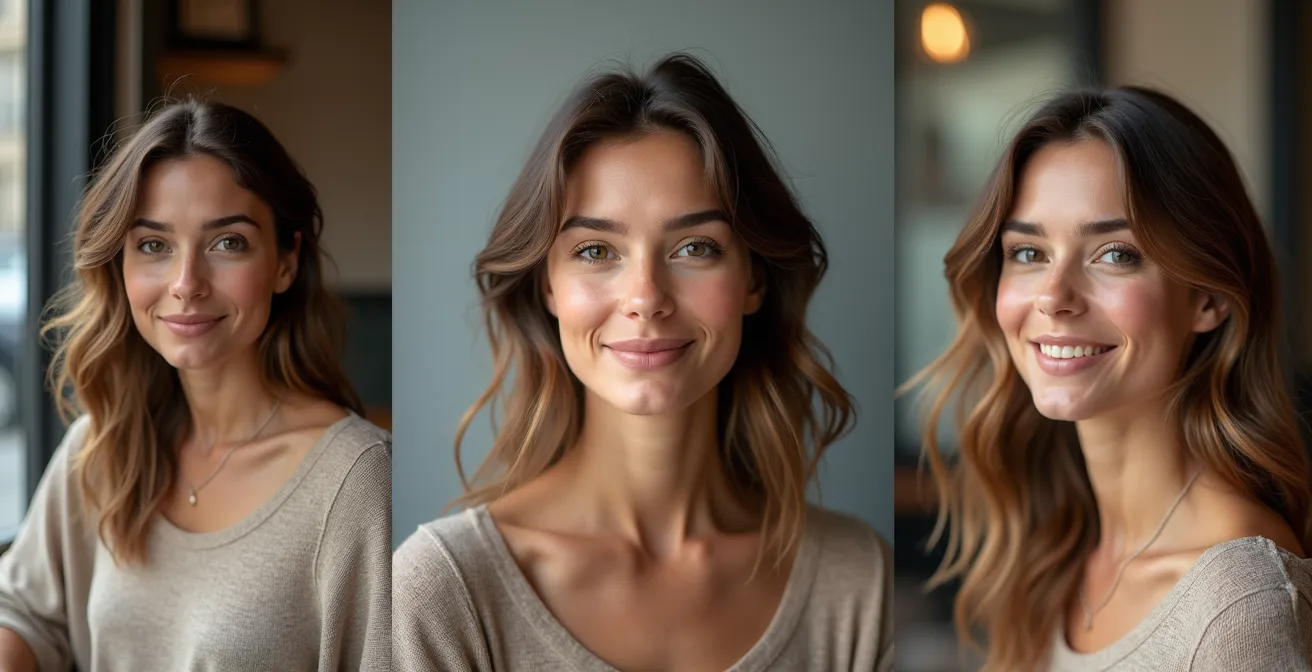 Trois portraits du même modèle pris à différentes distances avec 35mm, 50mm et 85mm