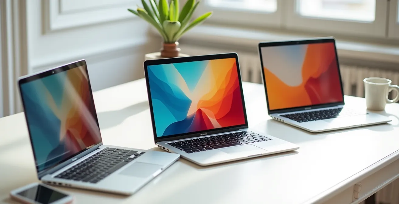 Écrans d'ordinateurs montrant différentes interfaces de création de sites pour photographes