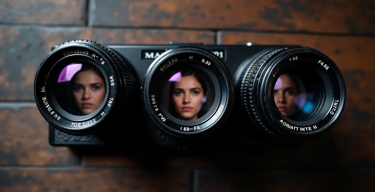 Comparaison visuelle de trois portraits avec différentes ouvertures montrant l'évolution du bokeh