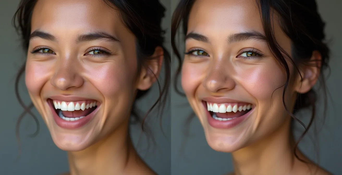 Comparaison visuelle entre un sourire de Duchenne authentique avec des yeux plissés et un sourire forcé n'engageant que la bouche.