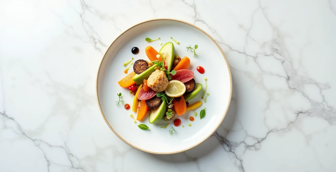 Vue plongeante d'une assiette gastronomique montrant différents angles de prise de vue avec des lignes de composition