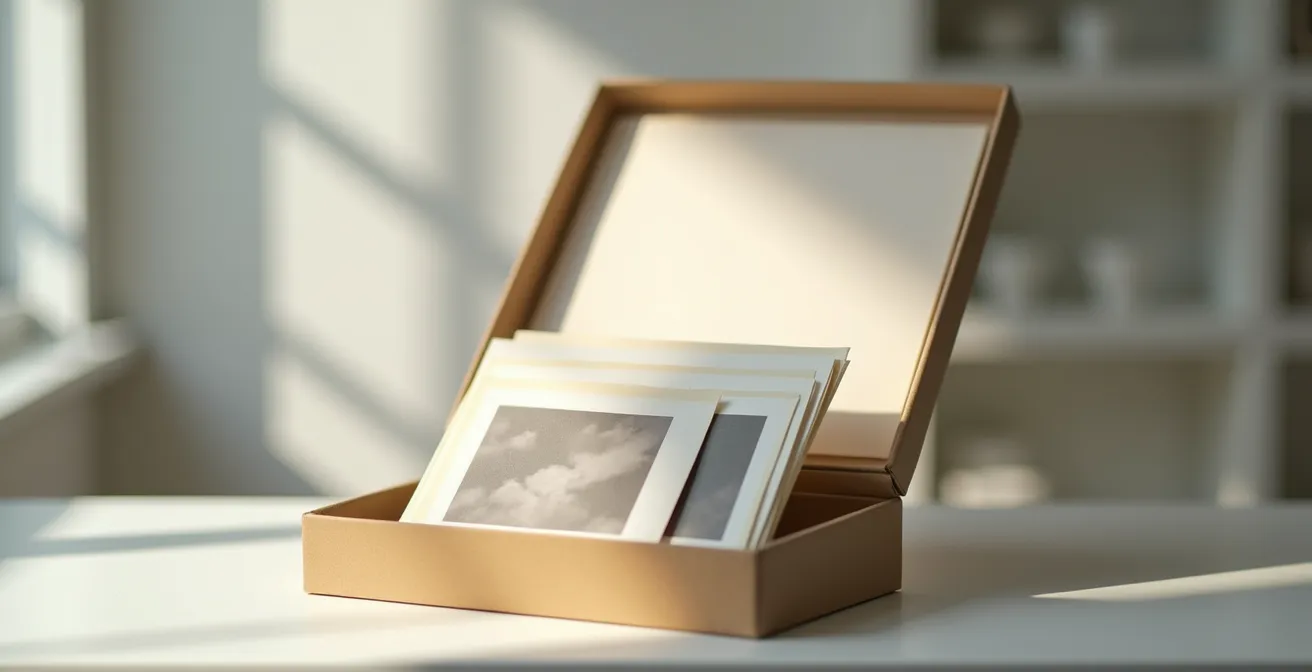 Boîte de conservation d'archives pour tirages barytés avec intercalaires en papier cristal