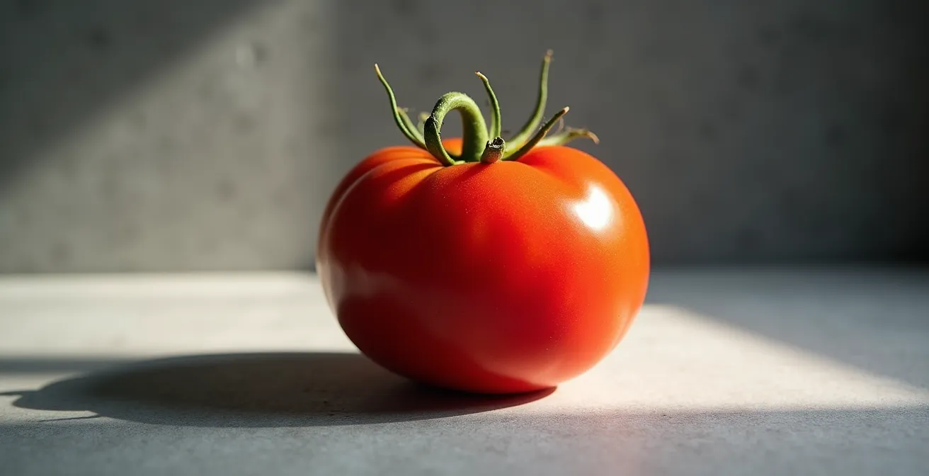 Lumière rasante révélant la texture et la brillance d'une tomate fraîche
