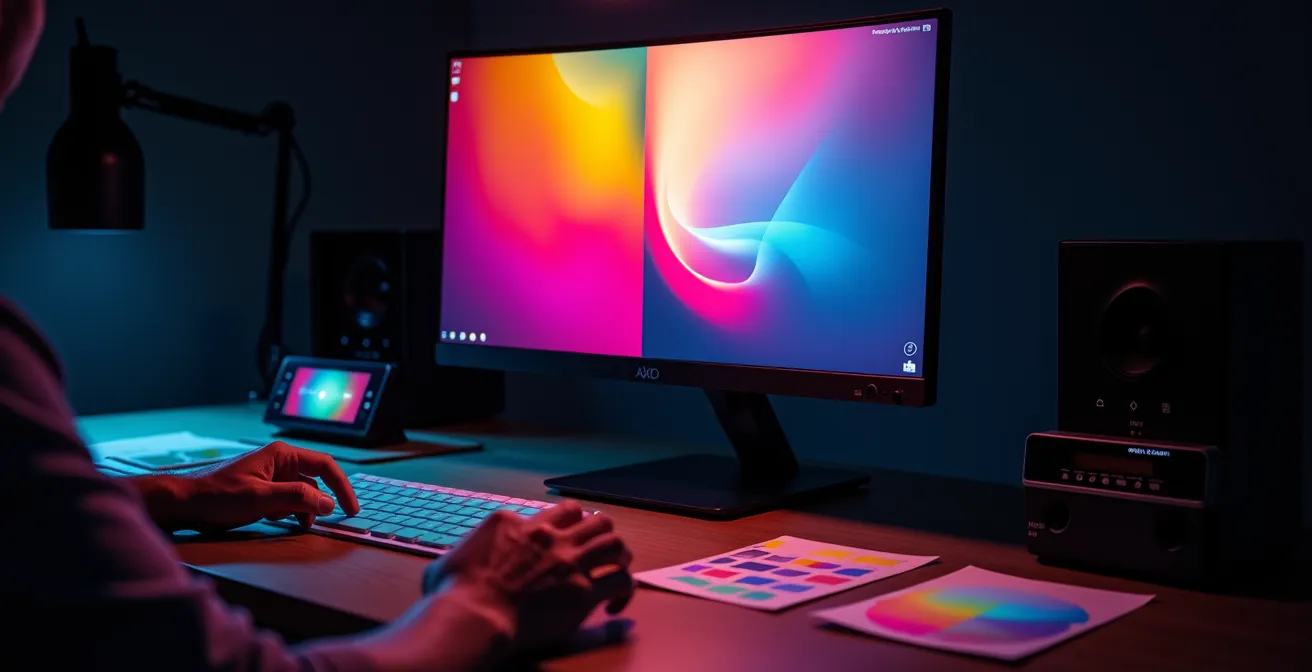 Écran professionnel calibré montrant une comparaison avant-après du soft proofing d'une photo