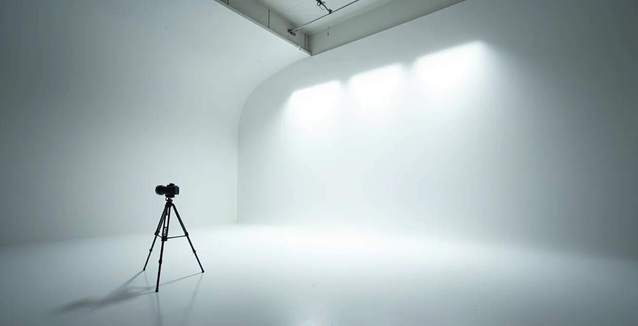 Vue minimaliste d'un studio photo vide avec un appareil photo isolé symbolisant la distance émotionnelle