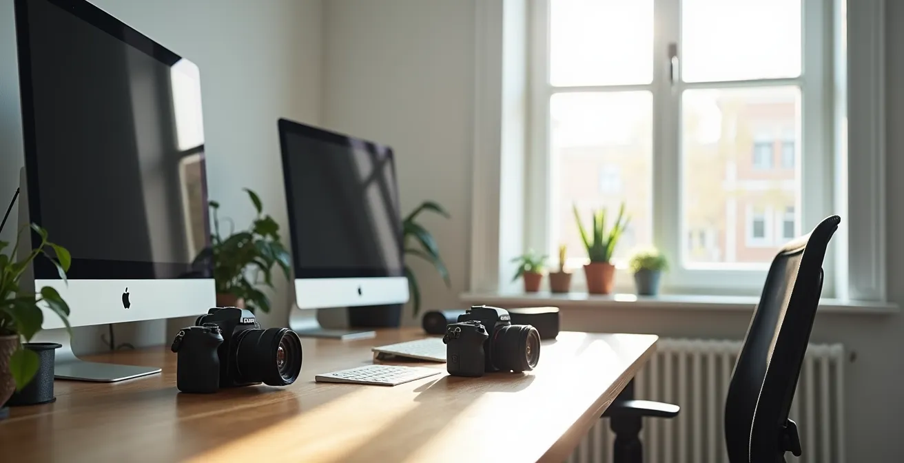 Photographe analysant son matériel dans un environnement de travail minimaliste