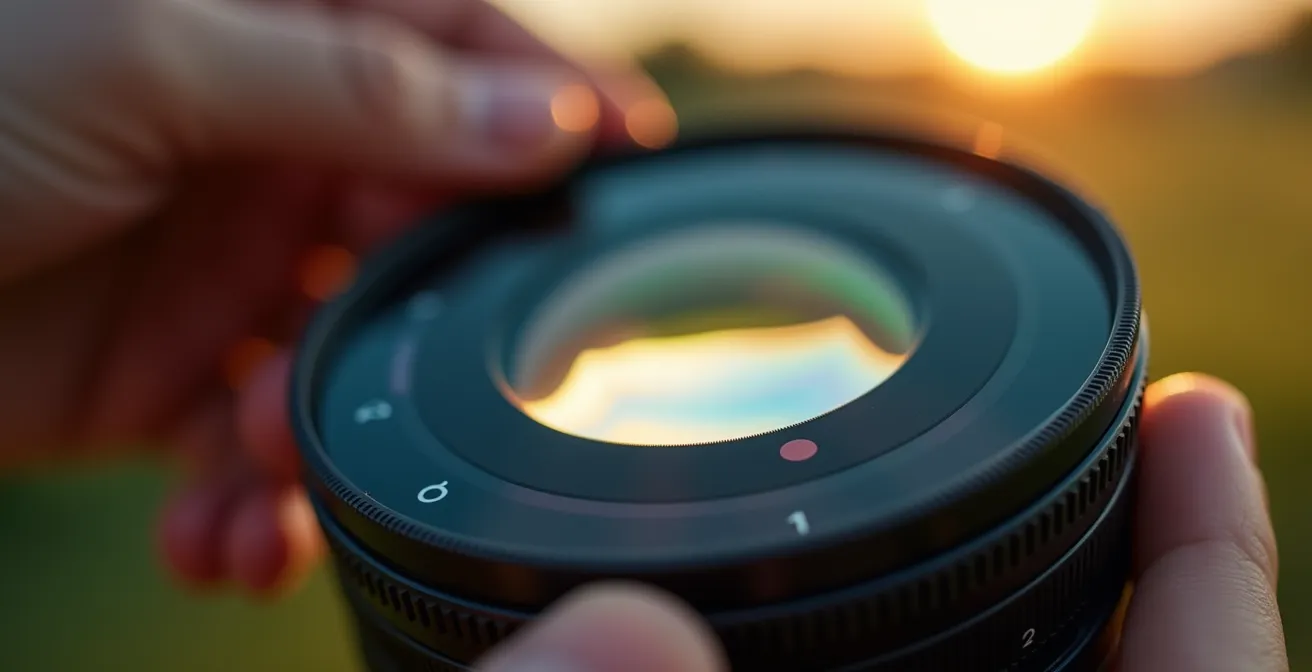 Gros plan macro sur un filtre polarisant circulaire monté sur objectif avec reflets contrôlés sur verre