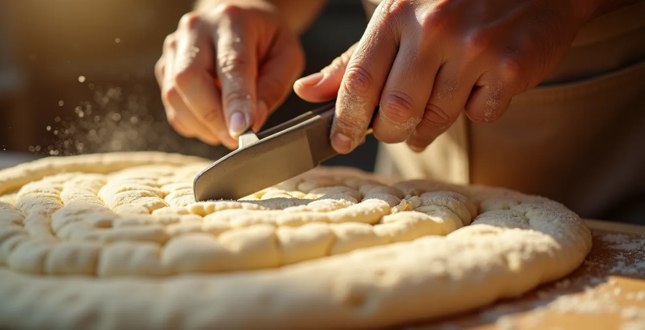 Main d'artisan boulanger français réalisant la grigne signature sur un pain traditionnel