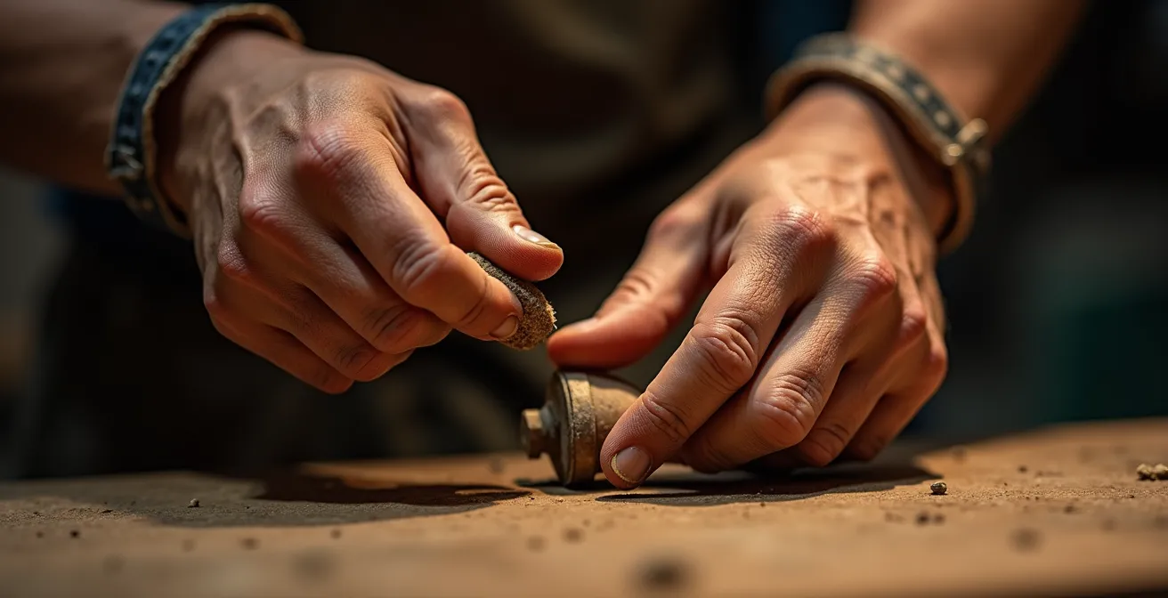 Gros plan sur les mains expertes d'un artisan réalisant un geste technique