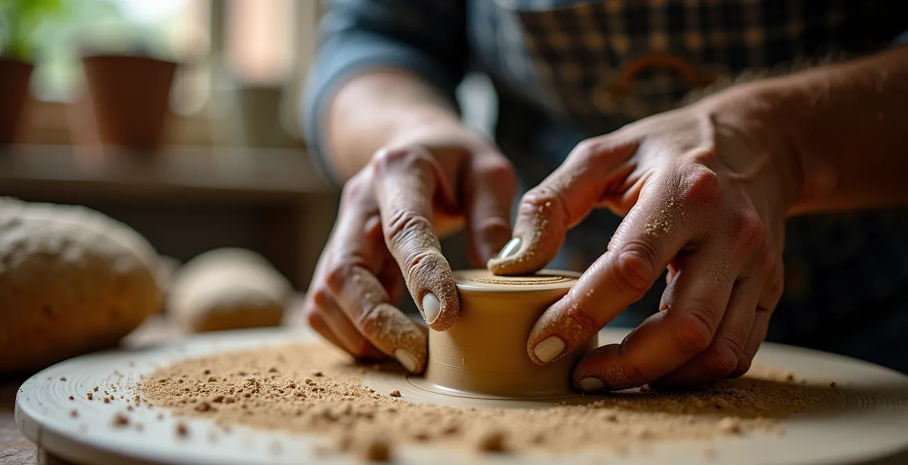 Gros plan sur les mains d'un artisan français au travail montrant le savoir-faire traditionnel