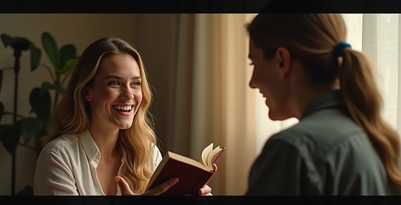 Modèle photo riant naturellement pendant une conversation avec le photographe, appareil photo flou au premier plan