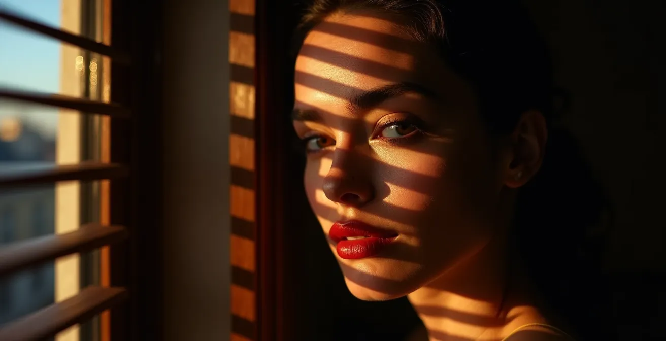 Portrait créatif avec ombres de stores vénitiens projetées sur un visage