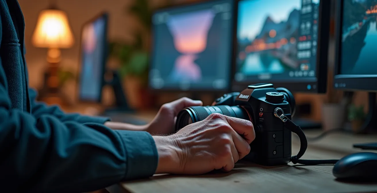 Photographe professionnel analysant ses images sur un moniteur dans l'ombre