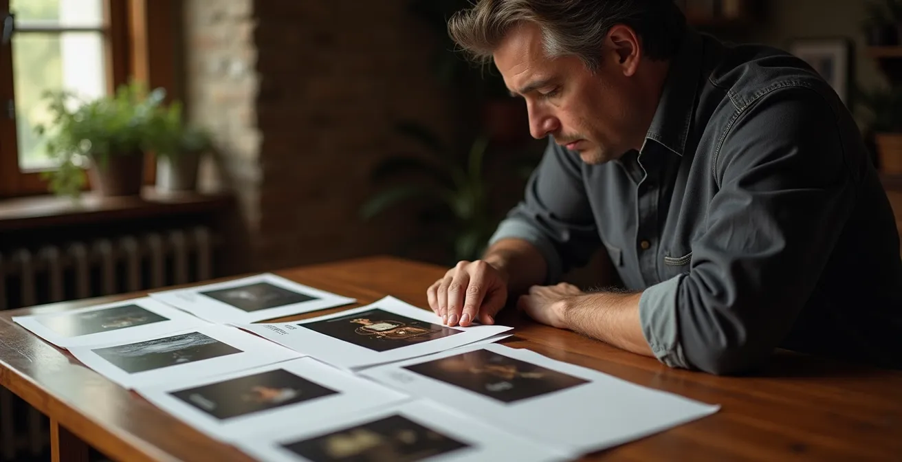 Photographe examinant l'évolution de son travail avec tirages photographiques étalés chronologiquement