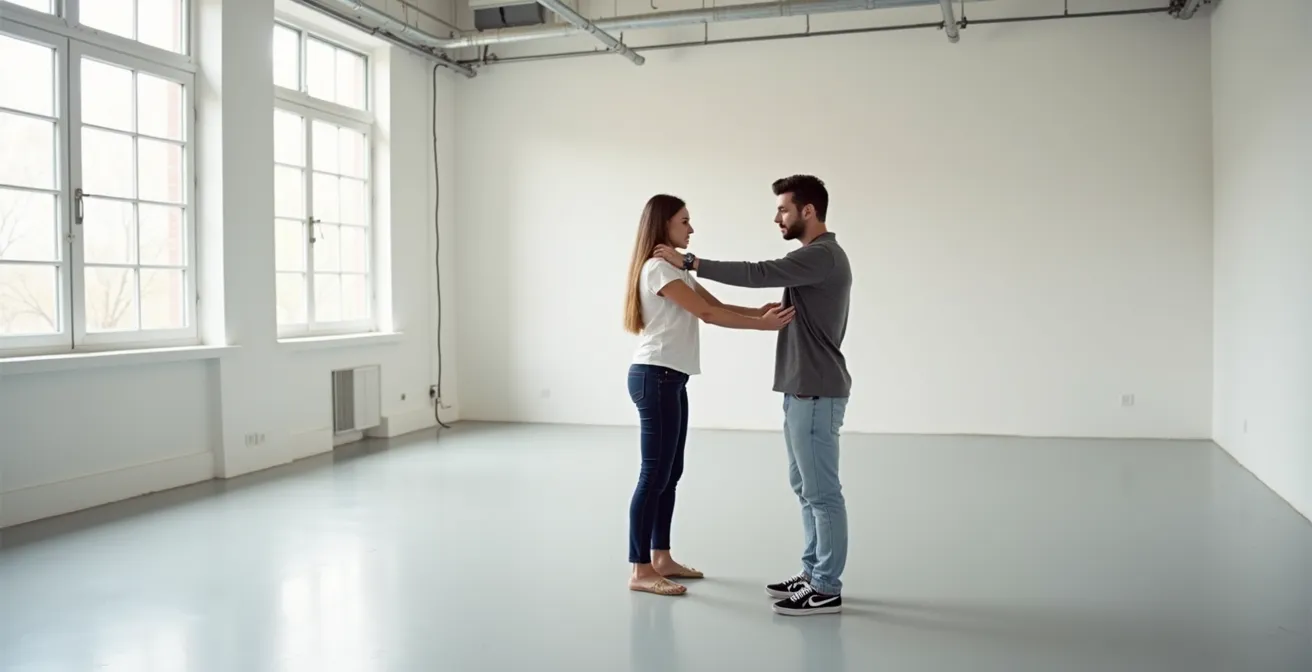 Photographe montrant une posture détendue à son modèle par mimétisme dans un studio lumineux