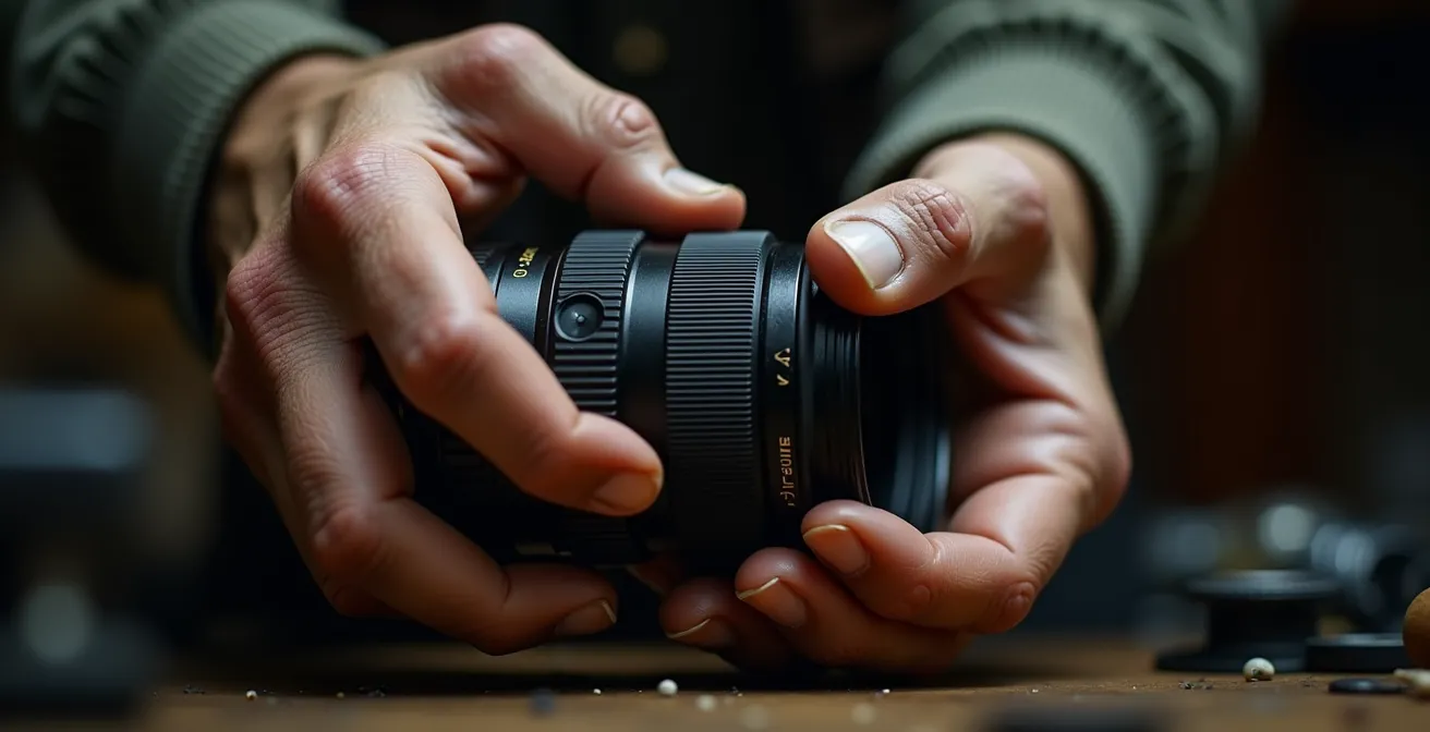 Gros plan macro d'une main ajustant précisément une bague de mise au point sur un objectif