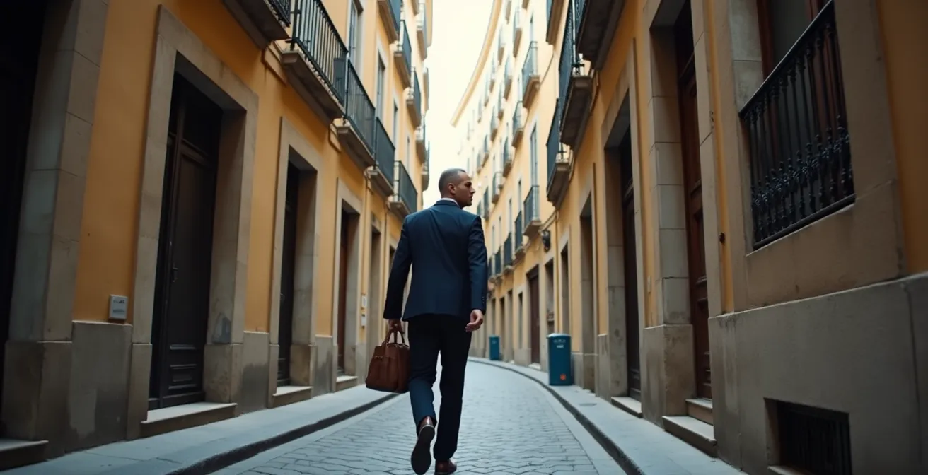 Photographe de rue avec équipement minimal dans une ruelle française pittoresque