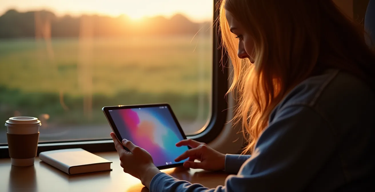 Photographe travaillant sur iPad dans un train avec synchronisation cloud visible de manière abstraite