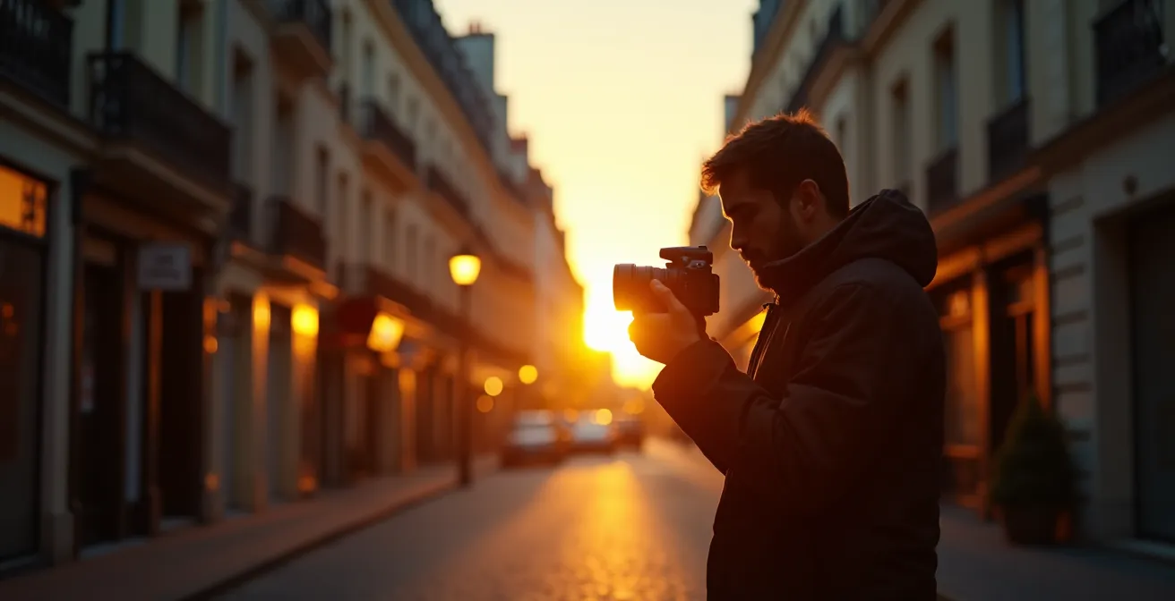 Photographe effectuant un test rapide lors d'un changement de lumière en extérieur pendant l'heure dorée