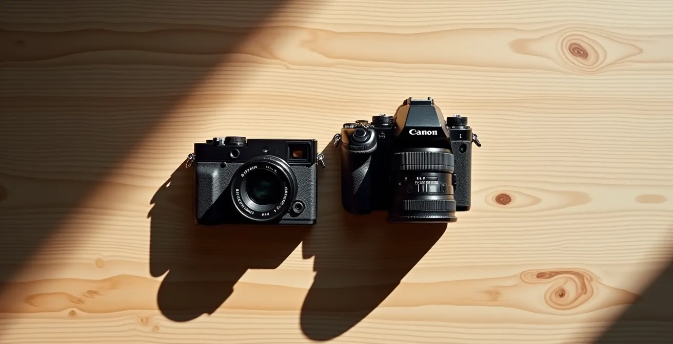 Comparaison visuelle entre un reflex et un hybride côte à côte