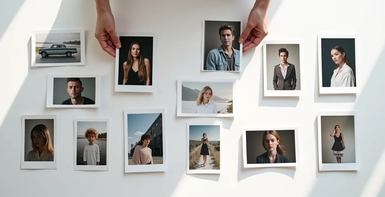 Mosaïque de différents styles photographiques disposés sur une table de sélection professionnelle