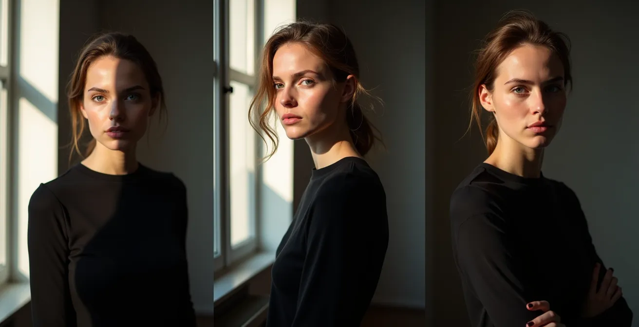 Comparaison de trois portraits avec différents ratios d'éclairage montrant l'évolution de l'atmosphère