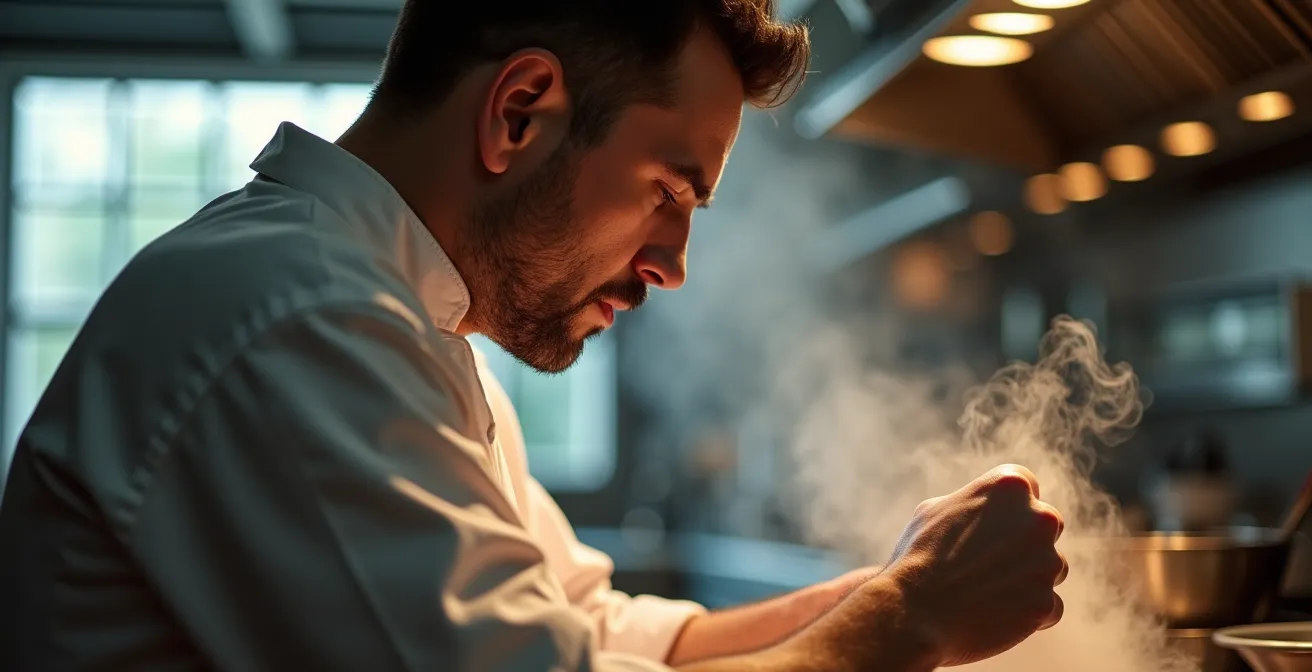 Triptyque photographique montrant la progression d'un ingrédient brut à l'assiette finale en cuisine gastronomique