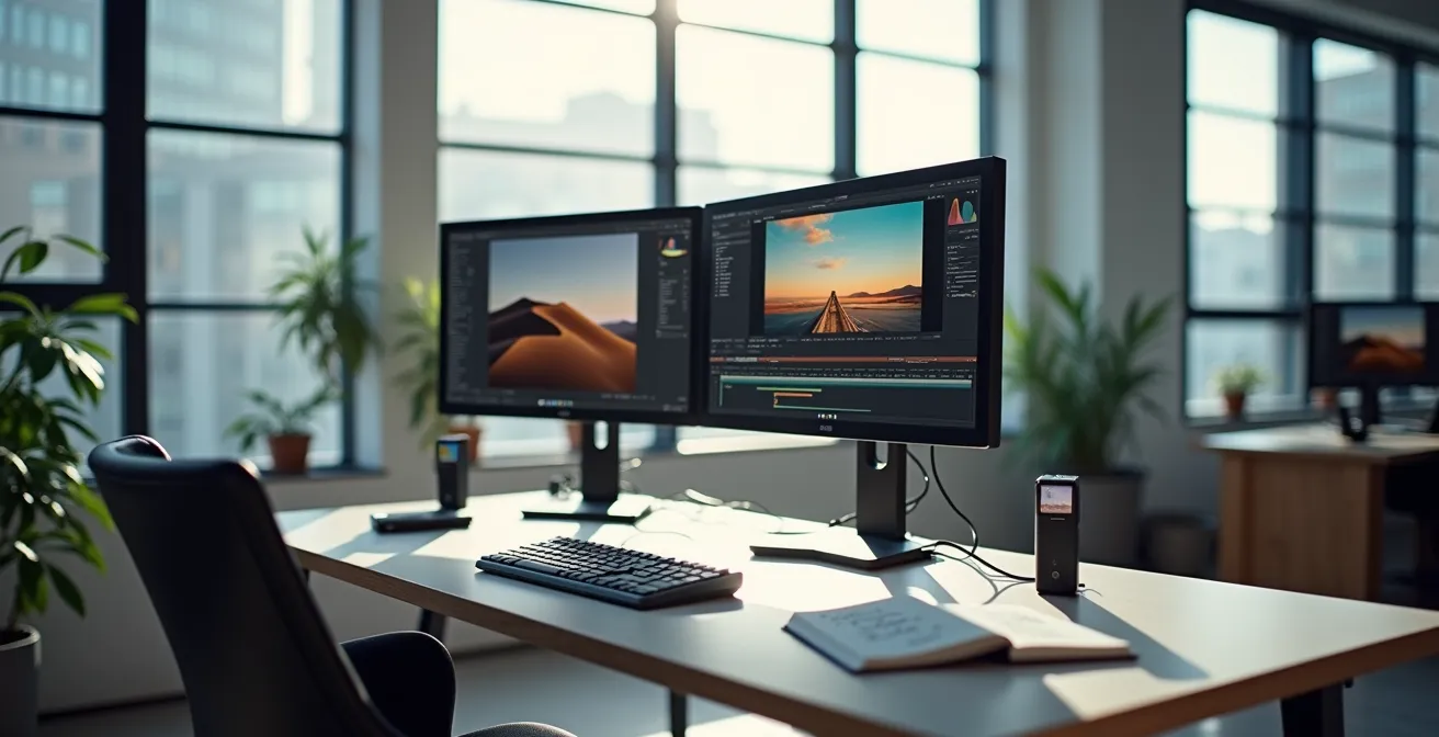 Espace de travail d'un photographe avec écran montrant l'interface de développement photo