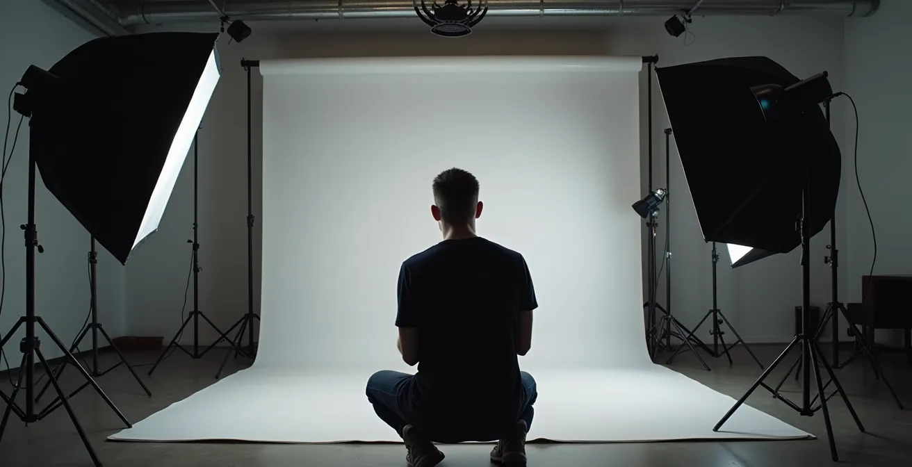 Configuration d'éclairage de studio professionnel avec réflecteurs pour portrait sans retouche