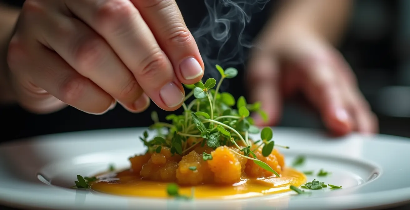 Mains de chef dressant minutieusement un plat gastronomique avec précision sous l'œil du photographe