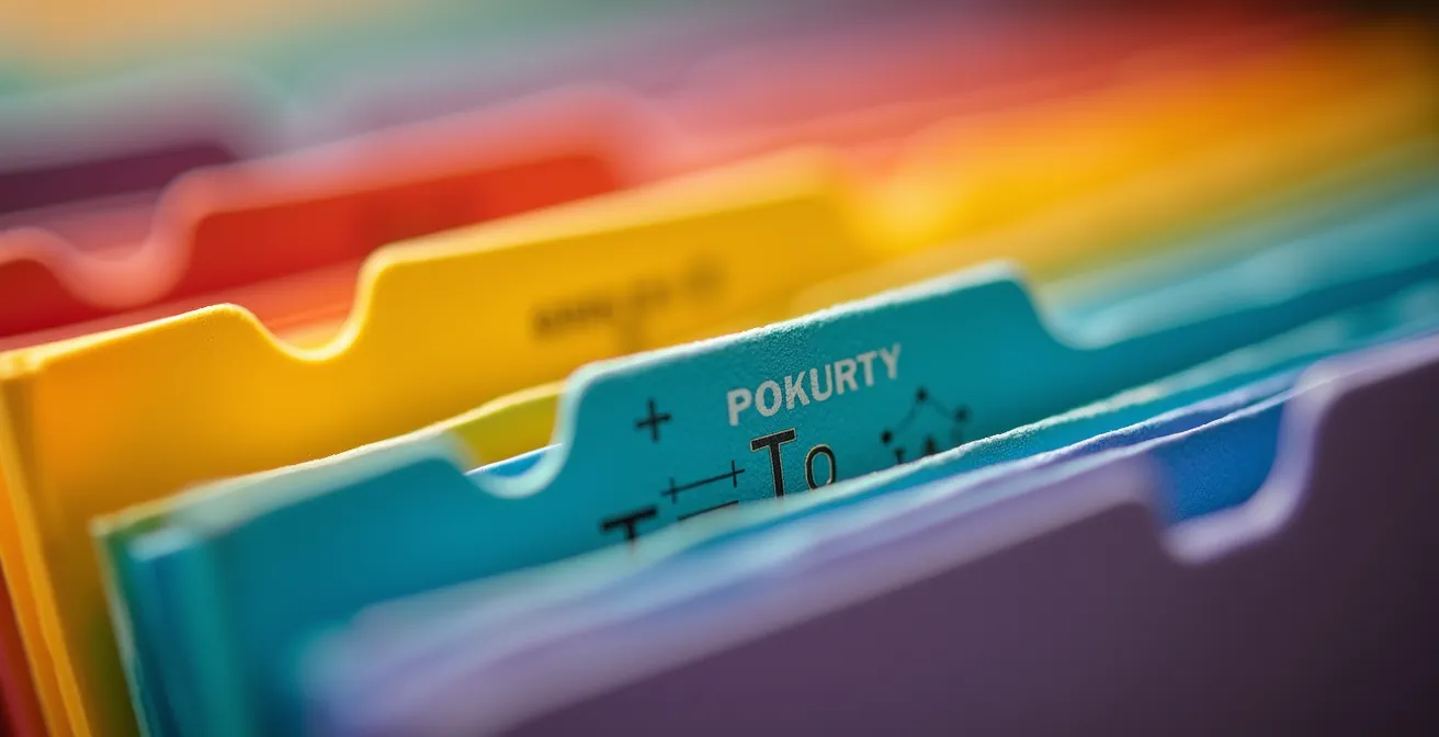 Vue macro d'un système de catalogage avec étiquettes colorées et hiérarchie visuelle