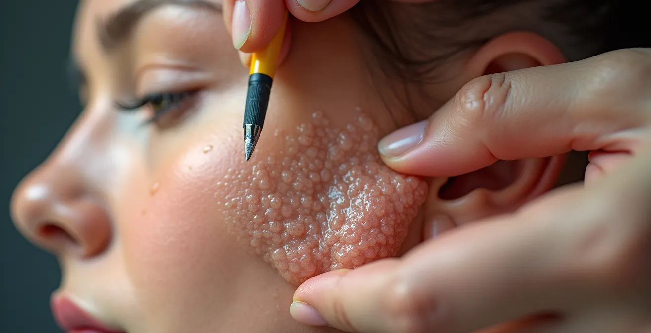 Vue macro détaillée du processus de clonage de texture de peau avec l'outil tampon