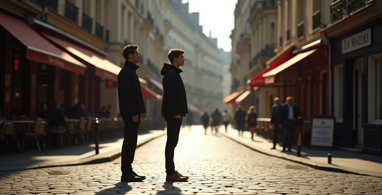 Photographe adoptant la position de tir stabilisée dans les rues du Marais à Paris