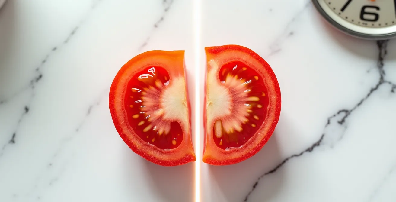 Comparaison visuelle d'une tomate fraîchement coupée versus après 15 minutes