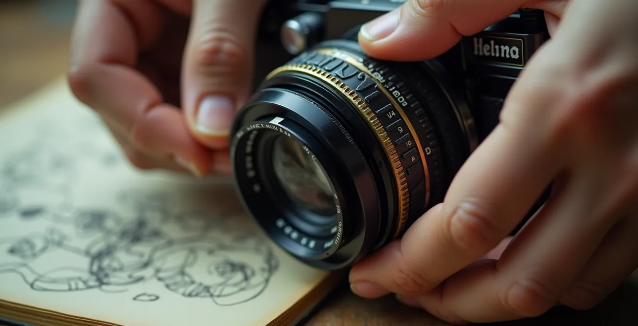 Photographe ajustant minutieusement les paramètres techniques d'un objectif vintage avec cahier de notes créatives