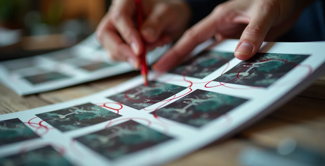 Interface de tri photographique avec grille de vignettes et système de notation par étoiles