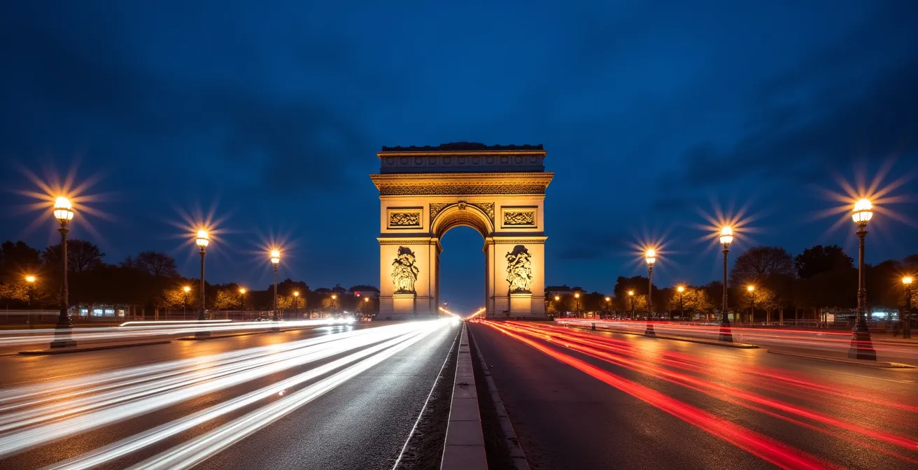 Traînées lumineuses de véhicules la nuit avec monument parisien net en arrière-plan