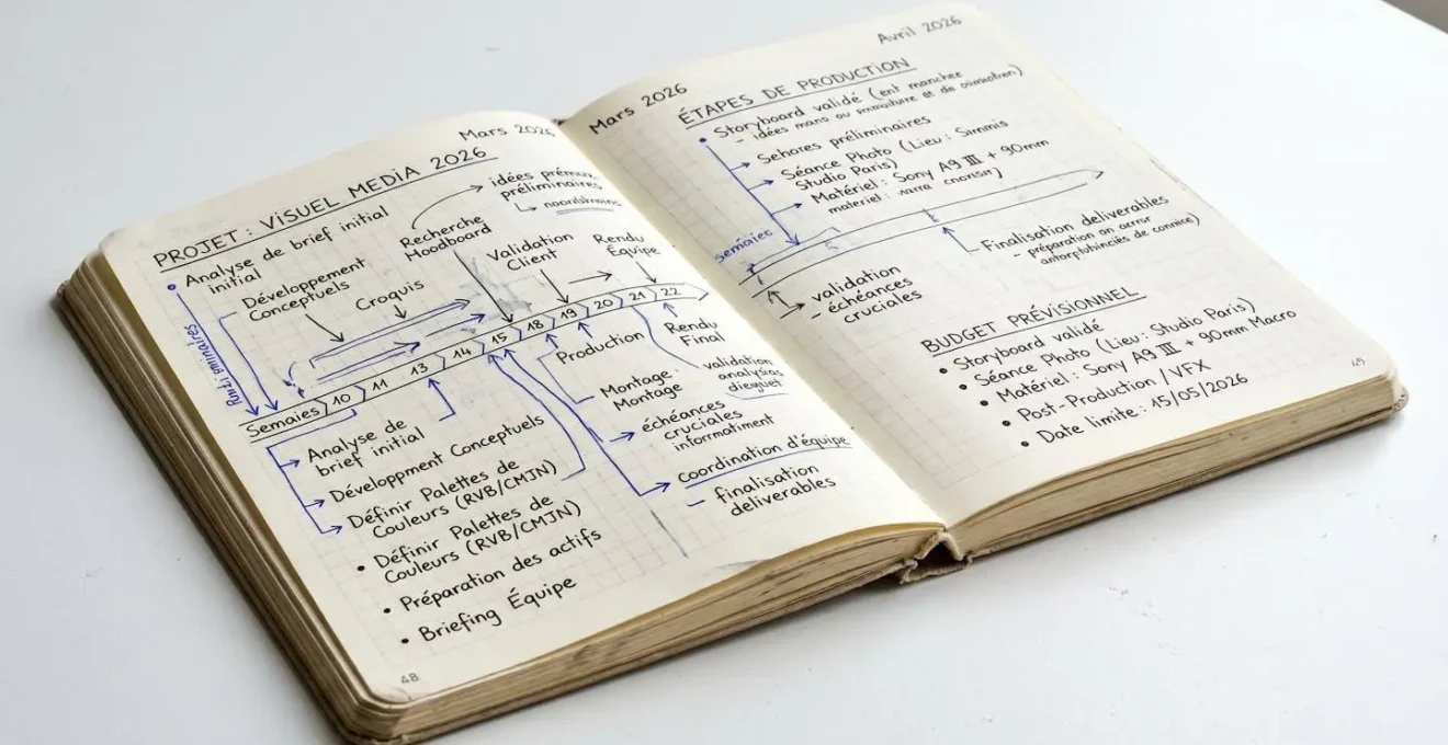 Carnet de travail de photographe ouvert montrant planification chronologique et notes de projets manuscrites
